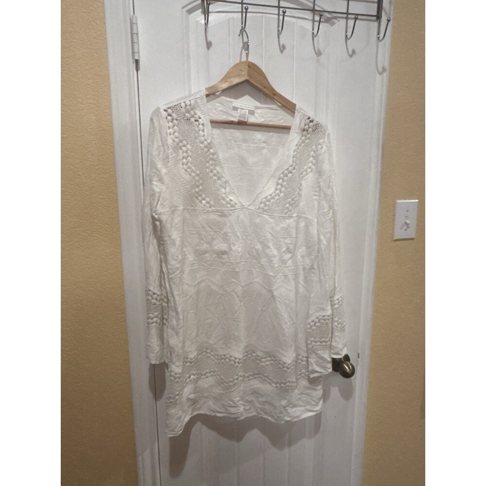 La Blanca White Embroidered Tunic Dress Beach Coverup, Long Sleeve Large - Picture 5 of 13